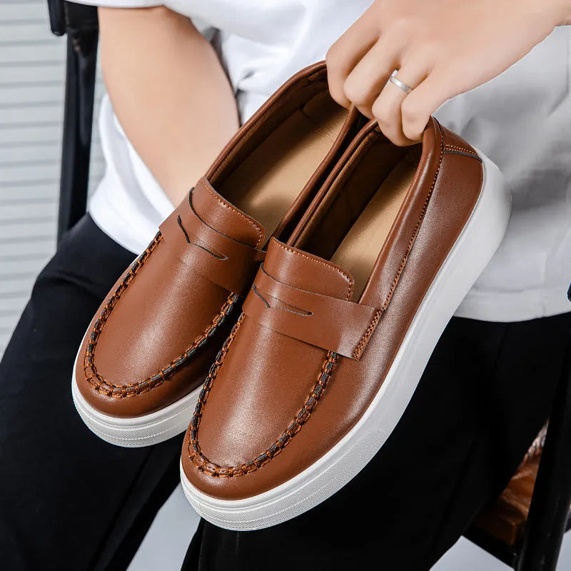 British style casual leather shoes with round toe in artificial PU material, available in three colours