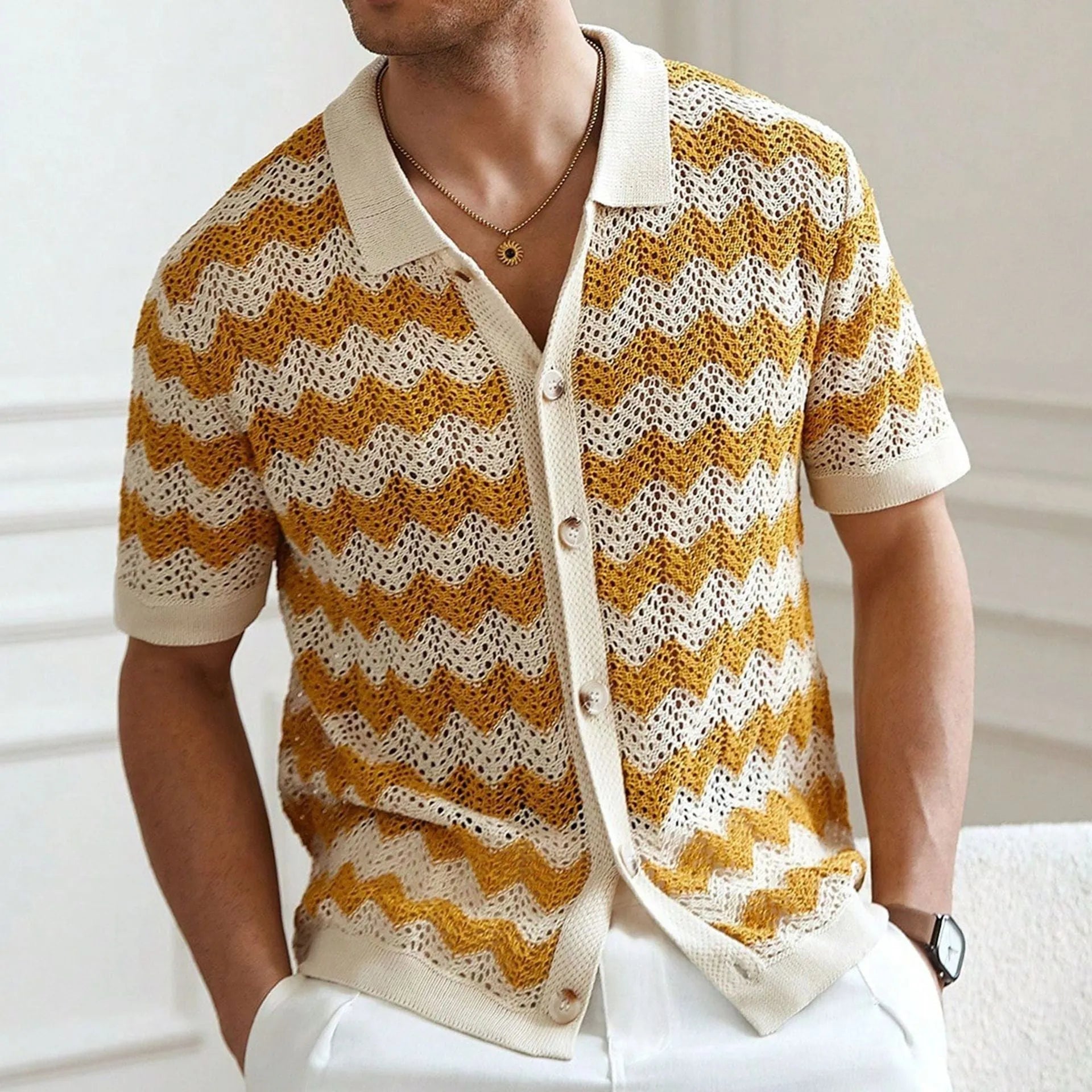 Hollow jacquard corrugated short sleeve sweater in Tencel viscose fabric showing textured knit pattern