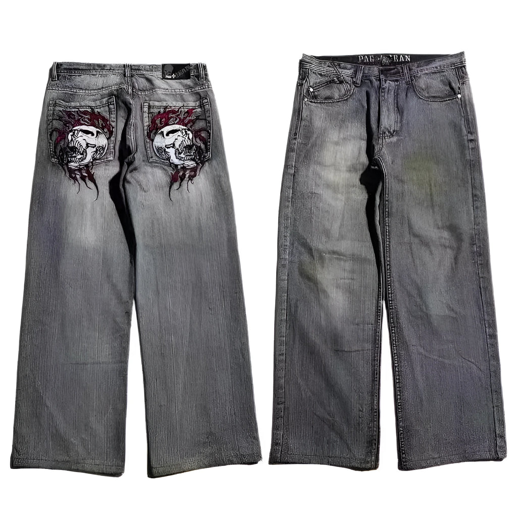 Men's washed-out grey wide-leg jeans with straight cut and mid-waist fit