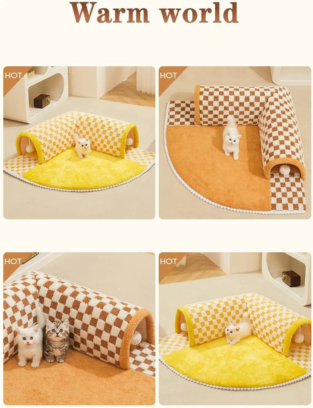 Brown plush plaid cat tunnel bed with central mat showing collapsible design and non-slip bottom