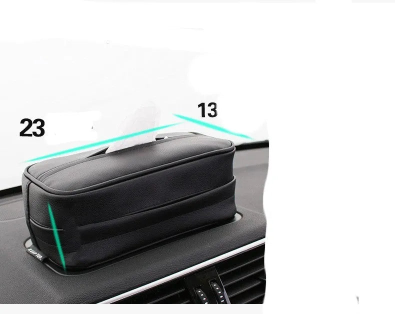 Black PU leather hanging storage bag with hook for car or home organisation