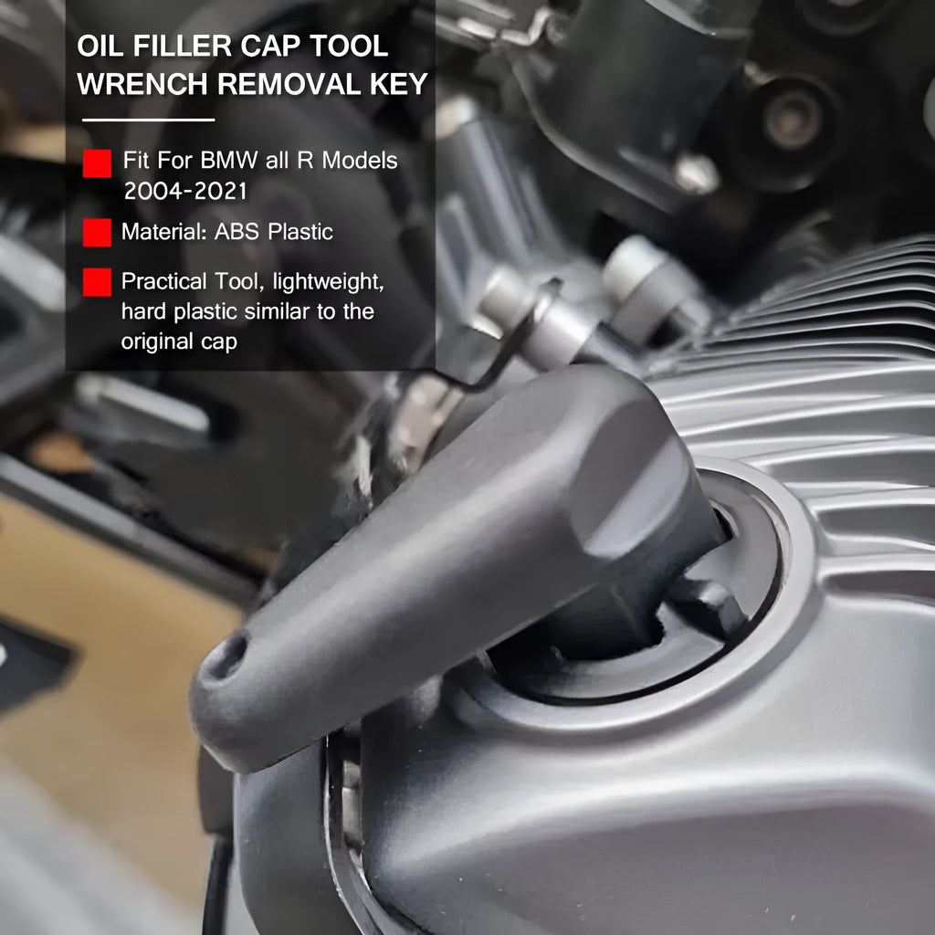 Black nylon quick release wrench for BMW motorcycle oil cap on a 7x10x3 cm scale.