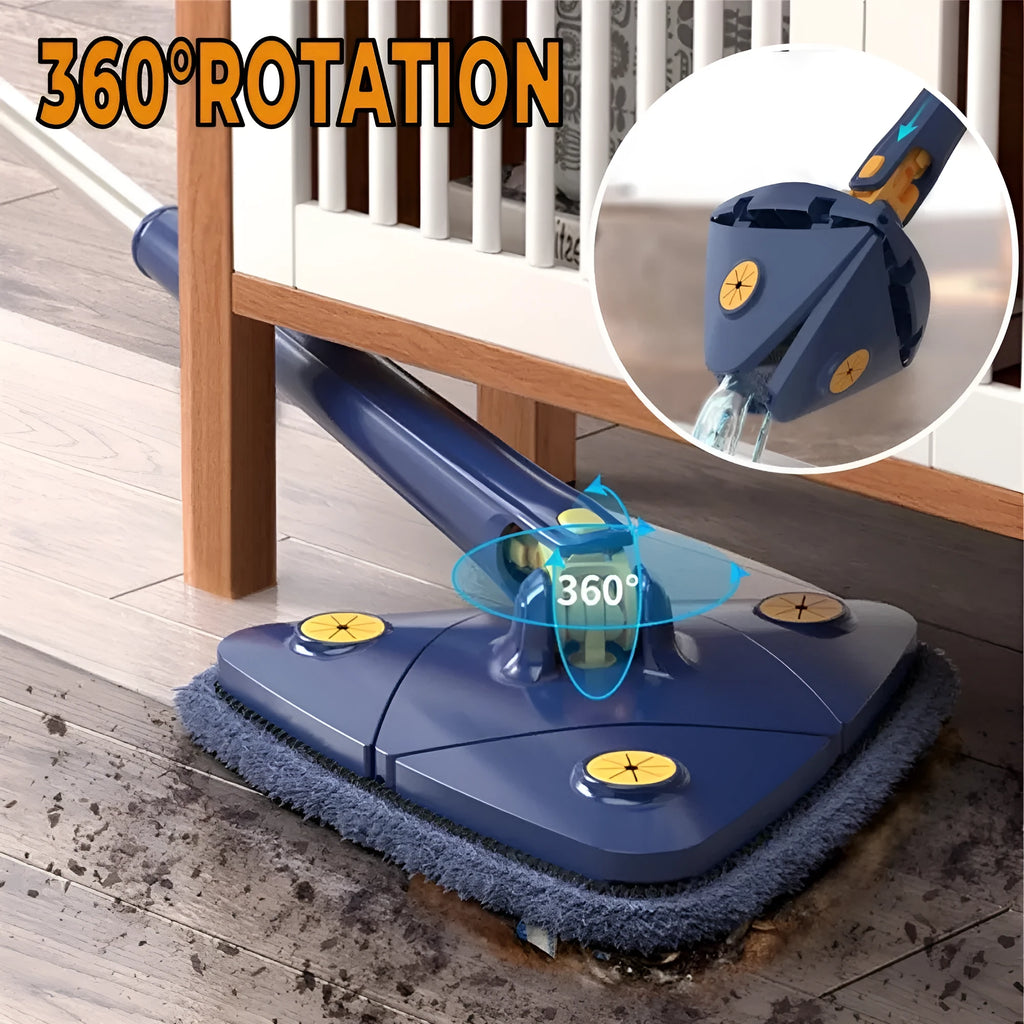 Extendable triangle mop with rotating blue head and stainless steel pole for cleaning corners and walls