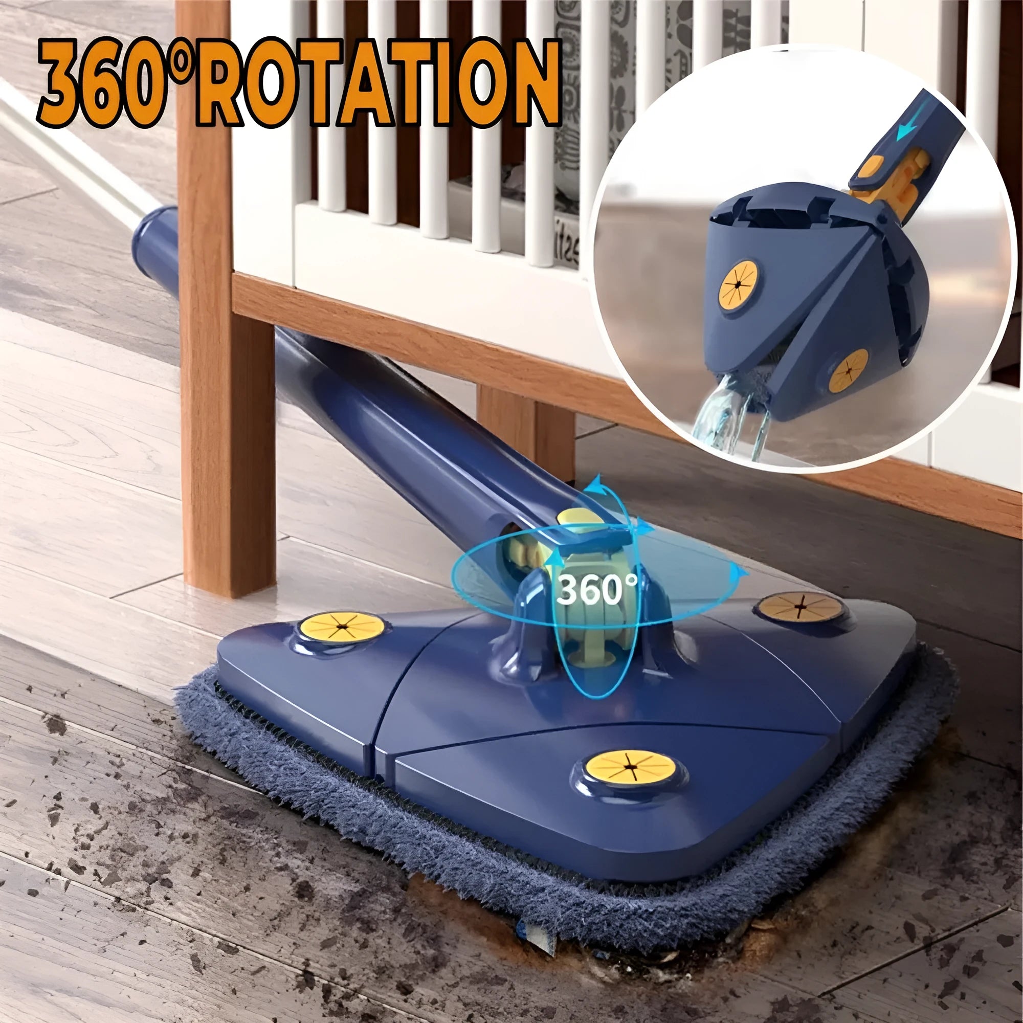 Extendable triangle mop with rotating blue head and stainless steel pole for cleaning corners and walls