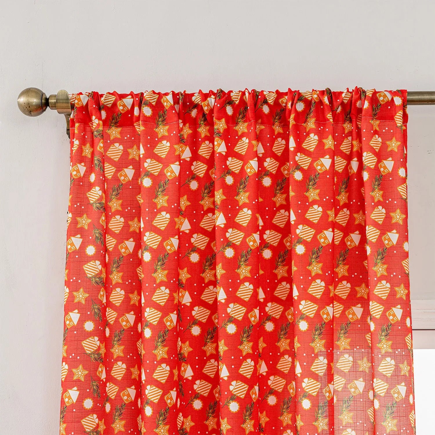 Green Christmas curtain with printed snowman and angel cartoon figures pattern