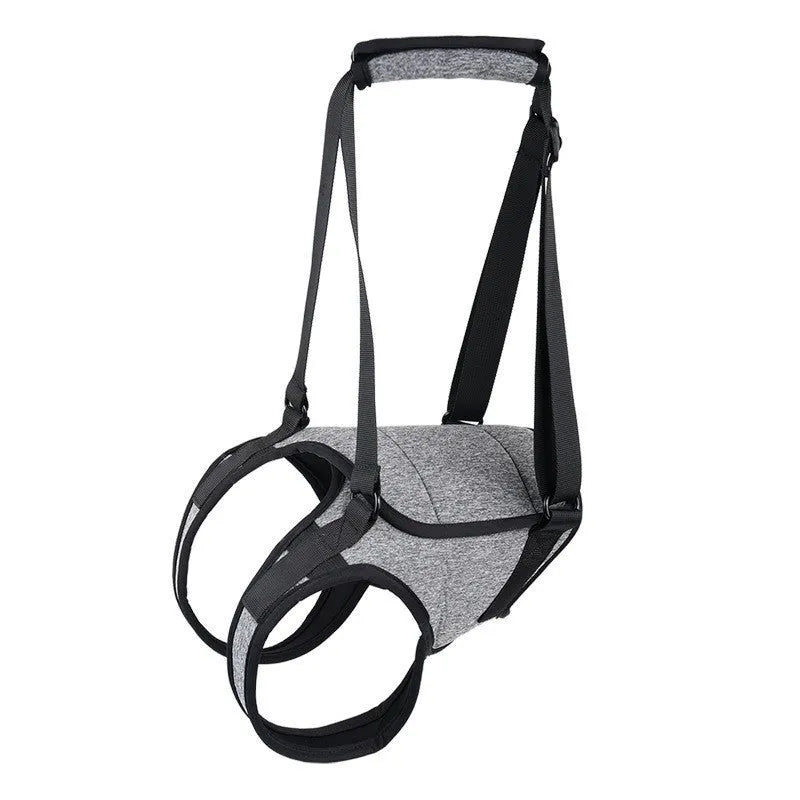 Grey neoprene dog hind leg recovery belt shown with sizing chart for waist and thigh measurements