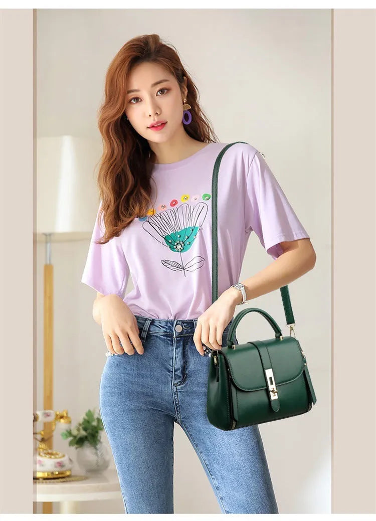 Soft PU leather women's messenger bag in a square vertical shape, shown in one of four colours.