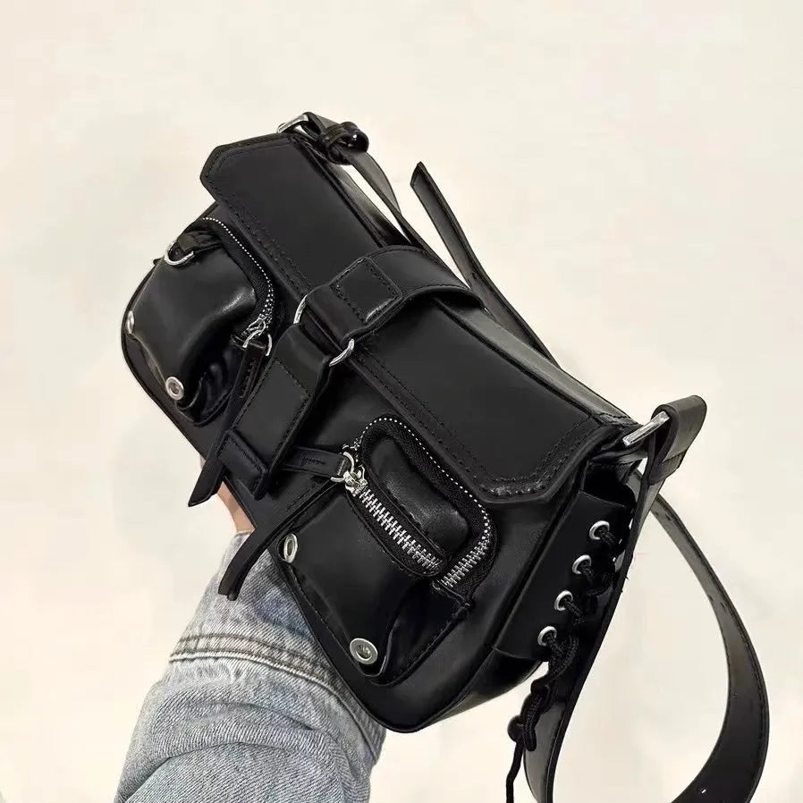Black structured PU women's baguette messenger bag with crossbody strap.