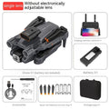 Black and orange remote control quadcopter drone with four rotors, shown folded and unfolded.