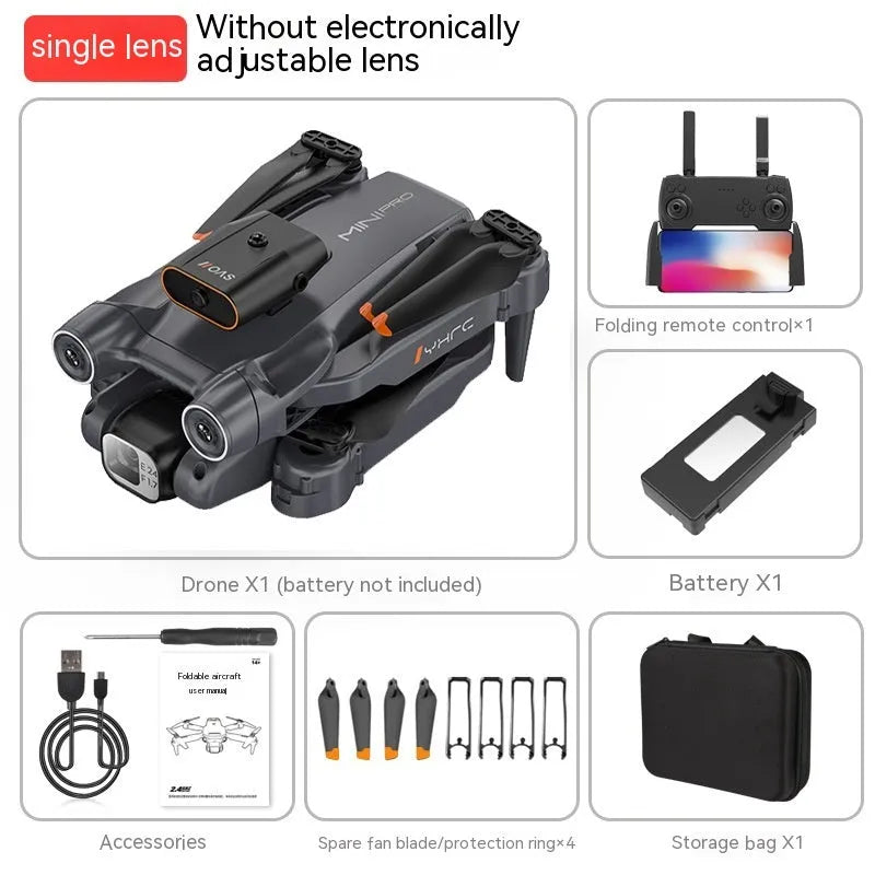 Black and orange remote control quadcopter drone with four rotors, shown folded and unfolded.