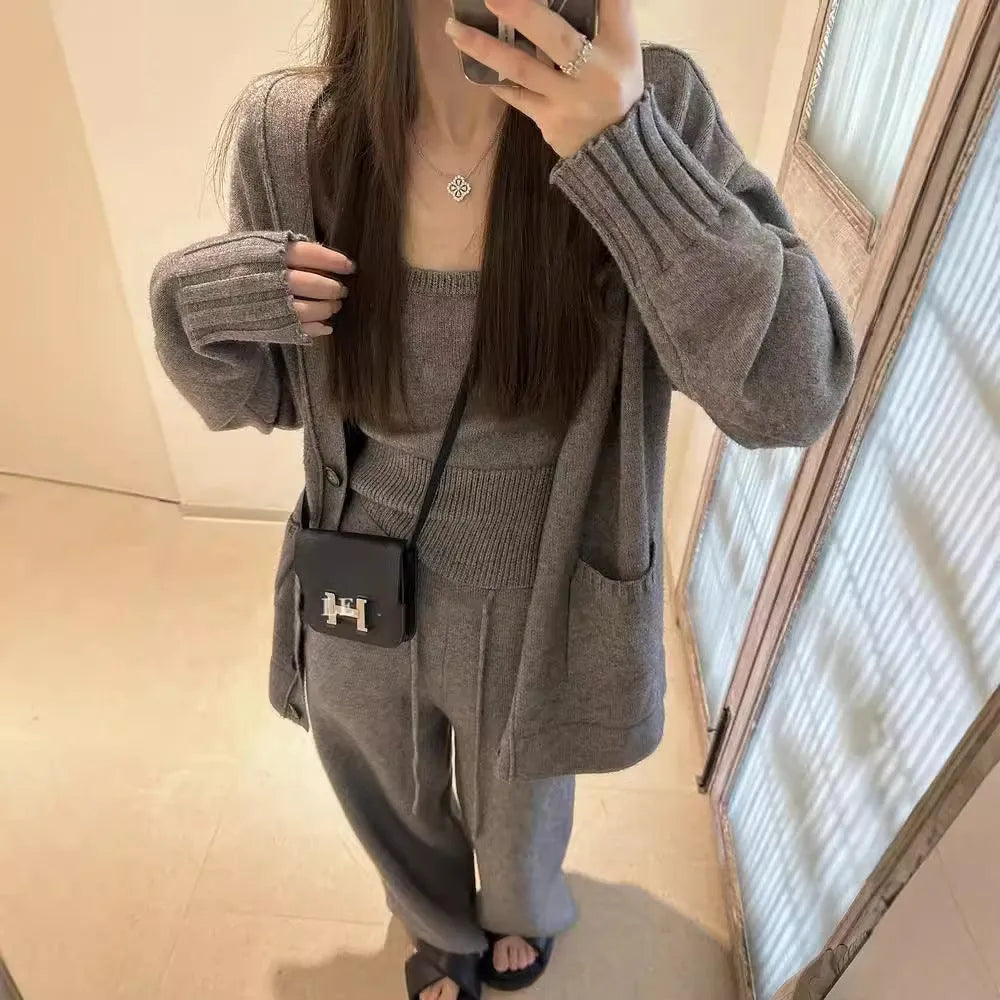 Women's knit three-piece set showing cardigan, vest, and casual pants in loose Japanese Korean style