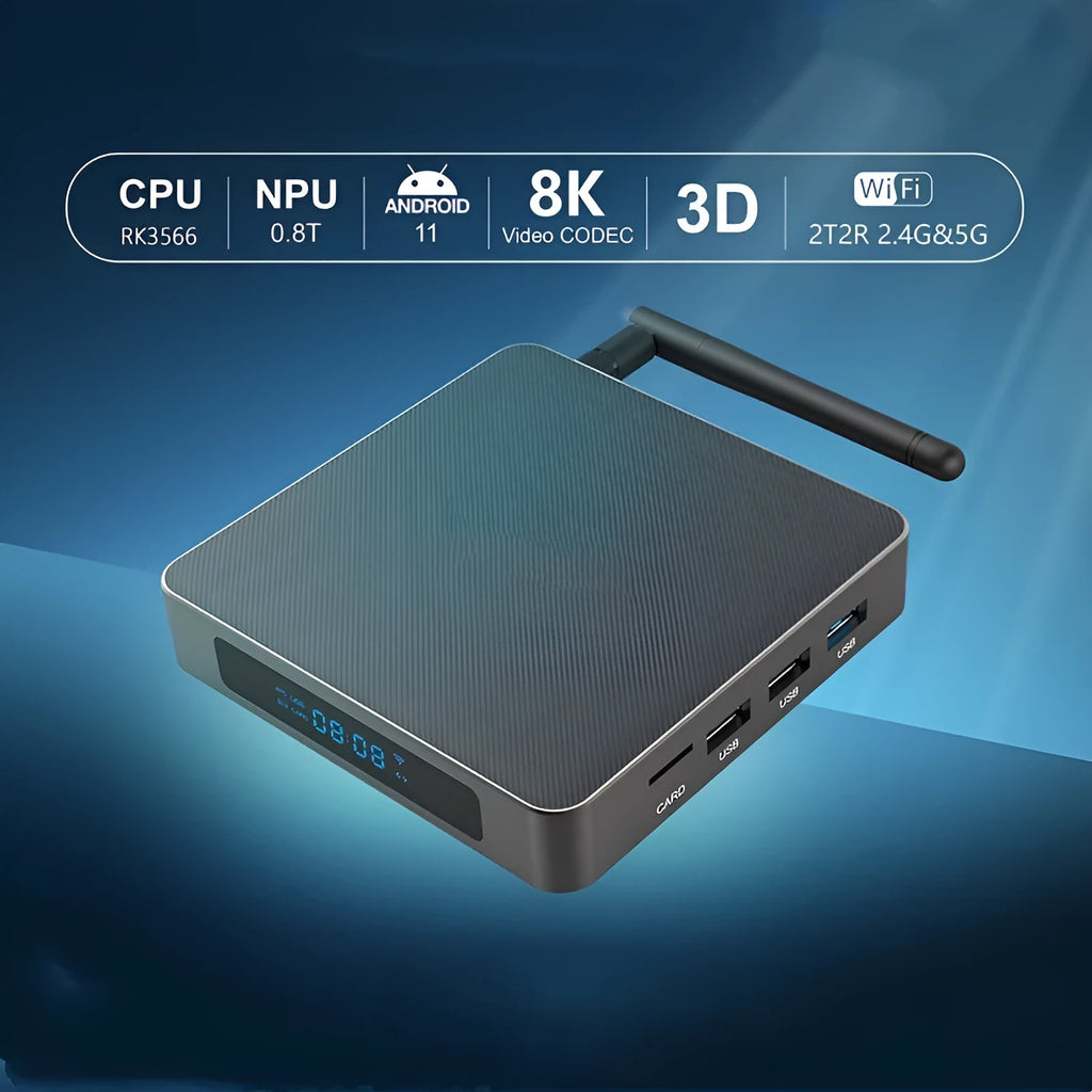 Android 8K streaming media player set-top box with remote control and cables