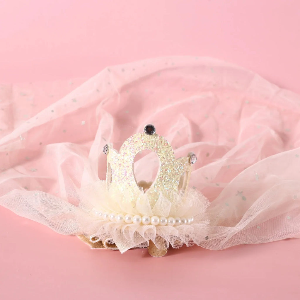 Pet princess crown headdress with cotton polyester veil in beige and pink options for cat and dog special events