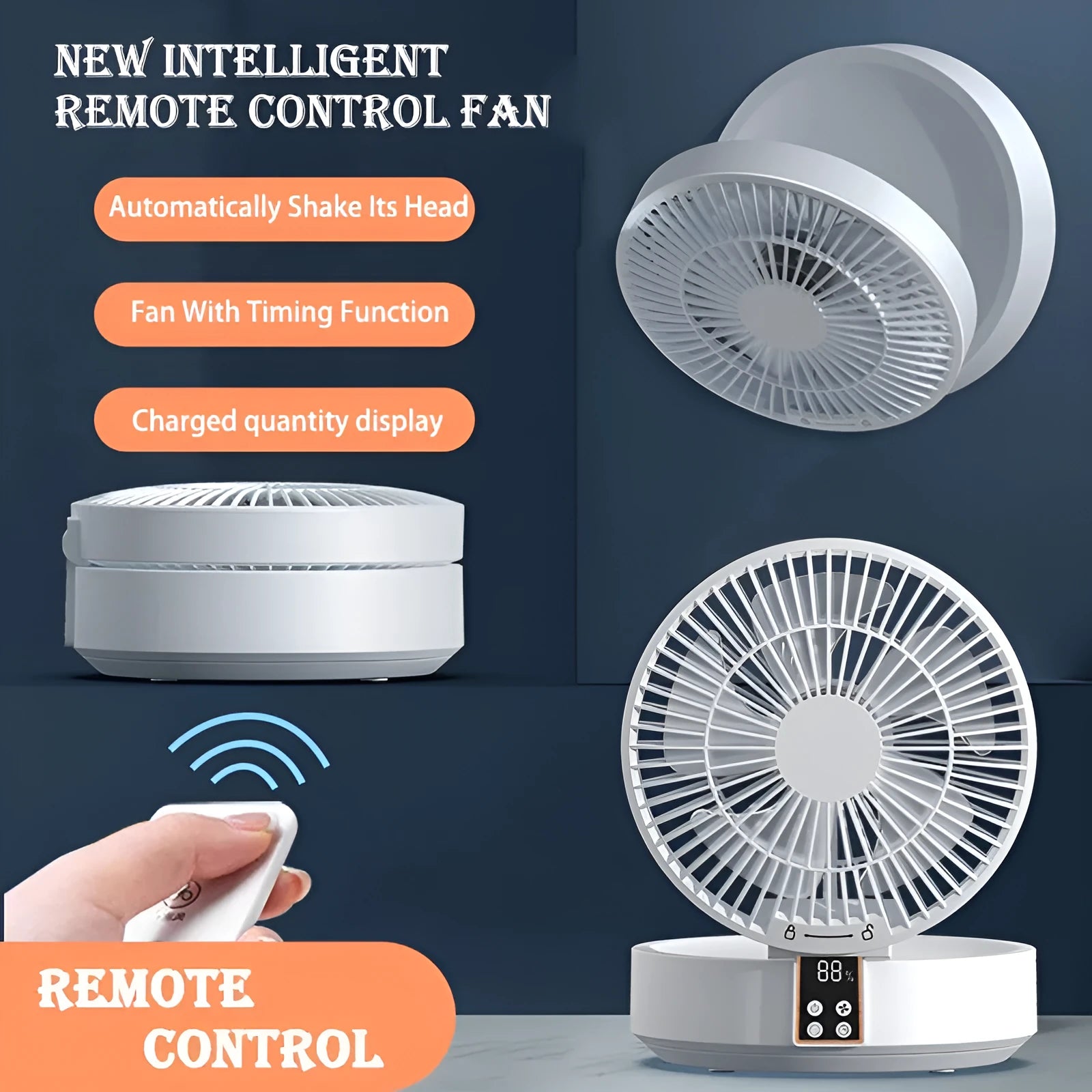 White portable rechargeable folding fan with remote control and warm night light on a desk