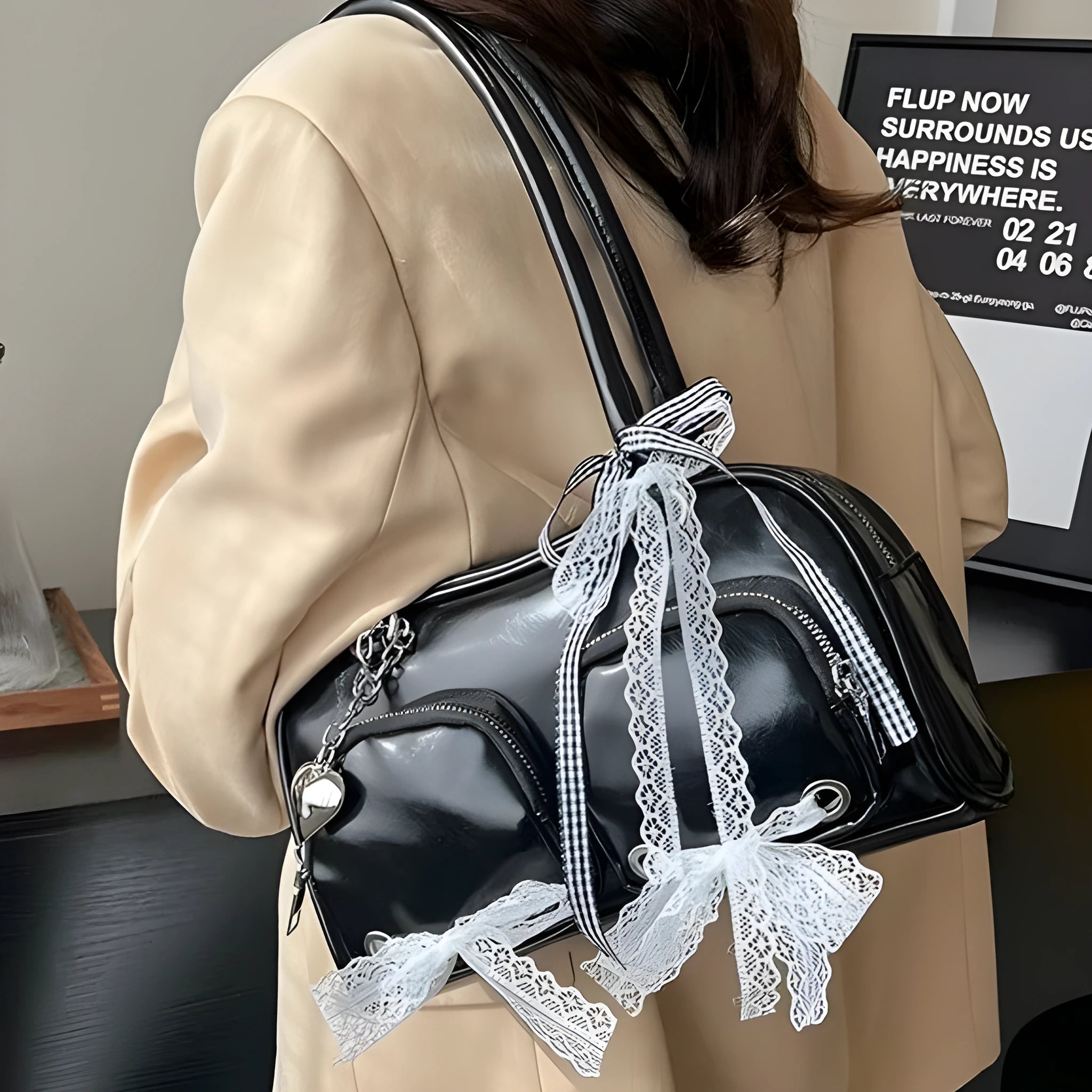 Beige PU shoulder bag with double straps and phone compartment showing structured square shape