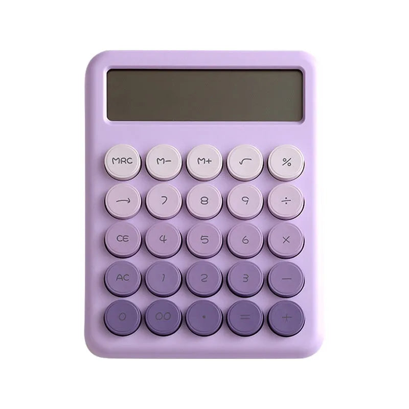 Gradient colour desk calculator in violet, cherry blossom pink, glacier blue, and mint green on a white desk.