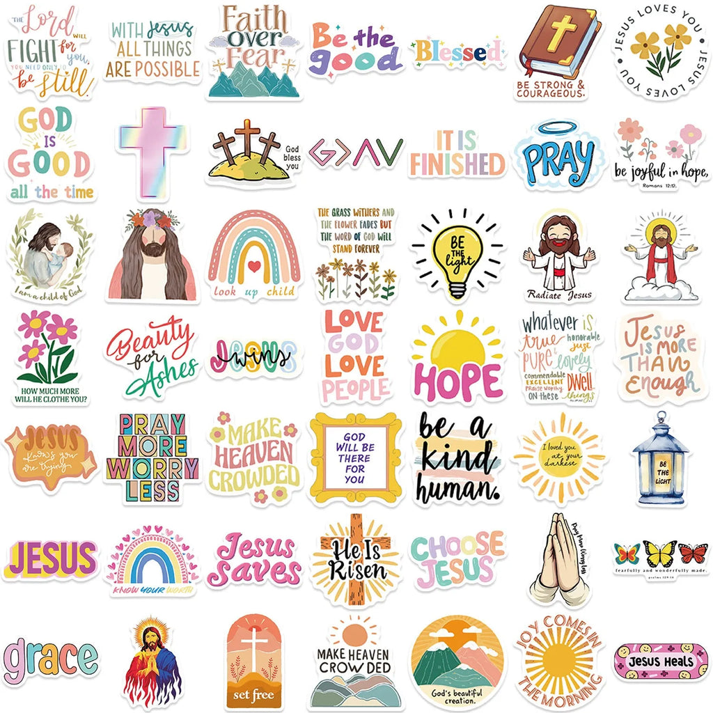 Assortment of 50 printed graffiti stickers on a sheet, showing various street art designs.