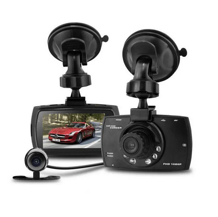 Black G30 HD dual camera car DVR dash cam with front and rear recording capability