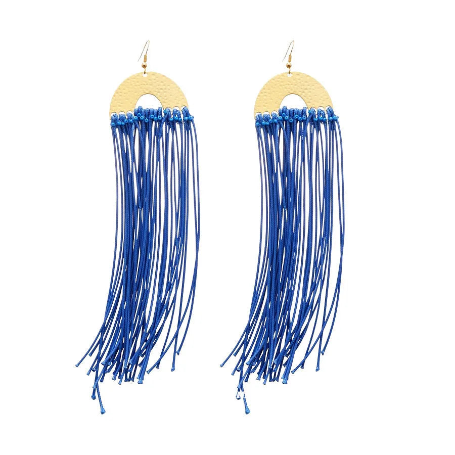 Women's geometric cloth earrings with silver needle colour and blue resin flower accents