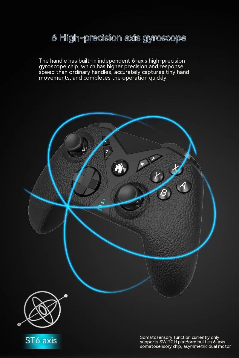 Black wireless Bluetooth gaming controller with leather-pattern texture on grips for Nintendo, PC and phone.