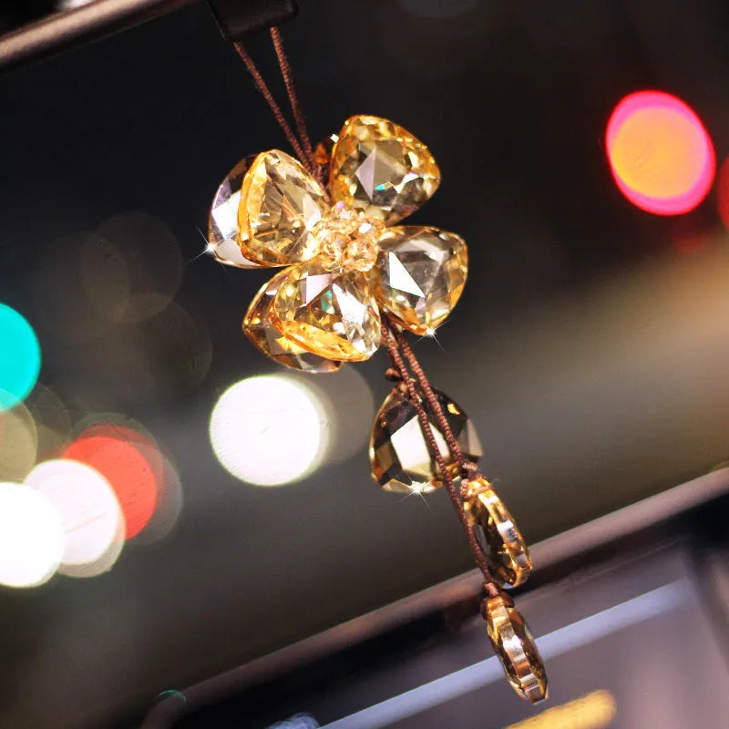 Crystal four leaf grass car pendant approximately 20cm in transparent, champagne, black or shiny finish