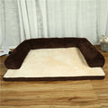 Corduroy dog bed sofa showing coffee colour option with non-slip base and four size variations