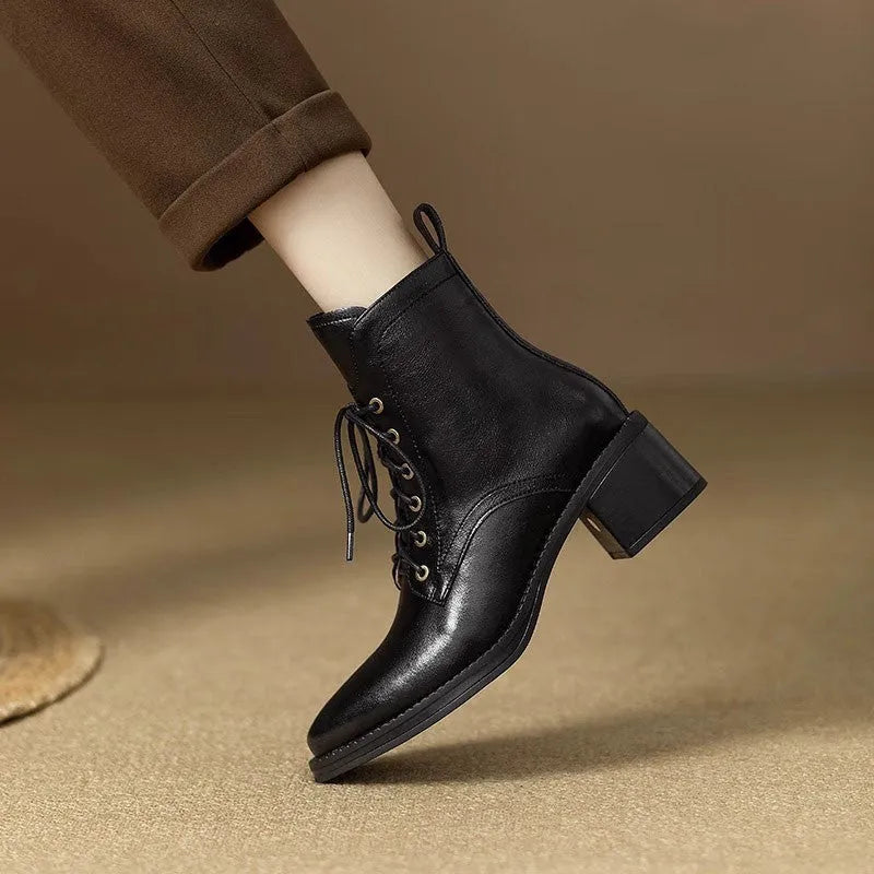 Women's French elegant pointed-toe short tube boots in black or brown with 5.5cm heel