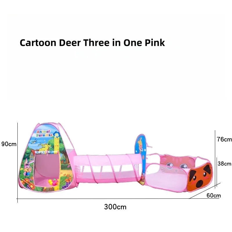 Three-piece children's play tent centre with integrated ball pool and tunnel in colourful cartoon design