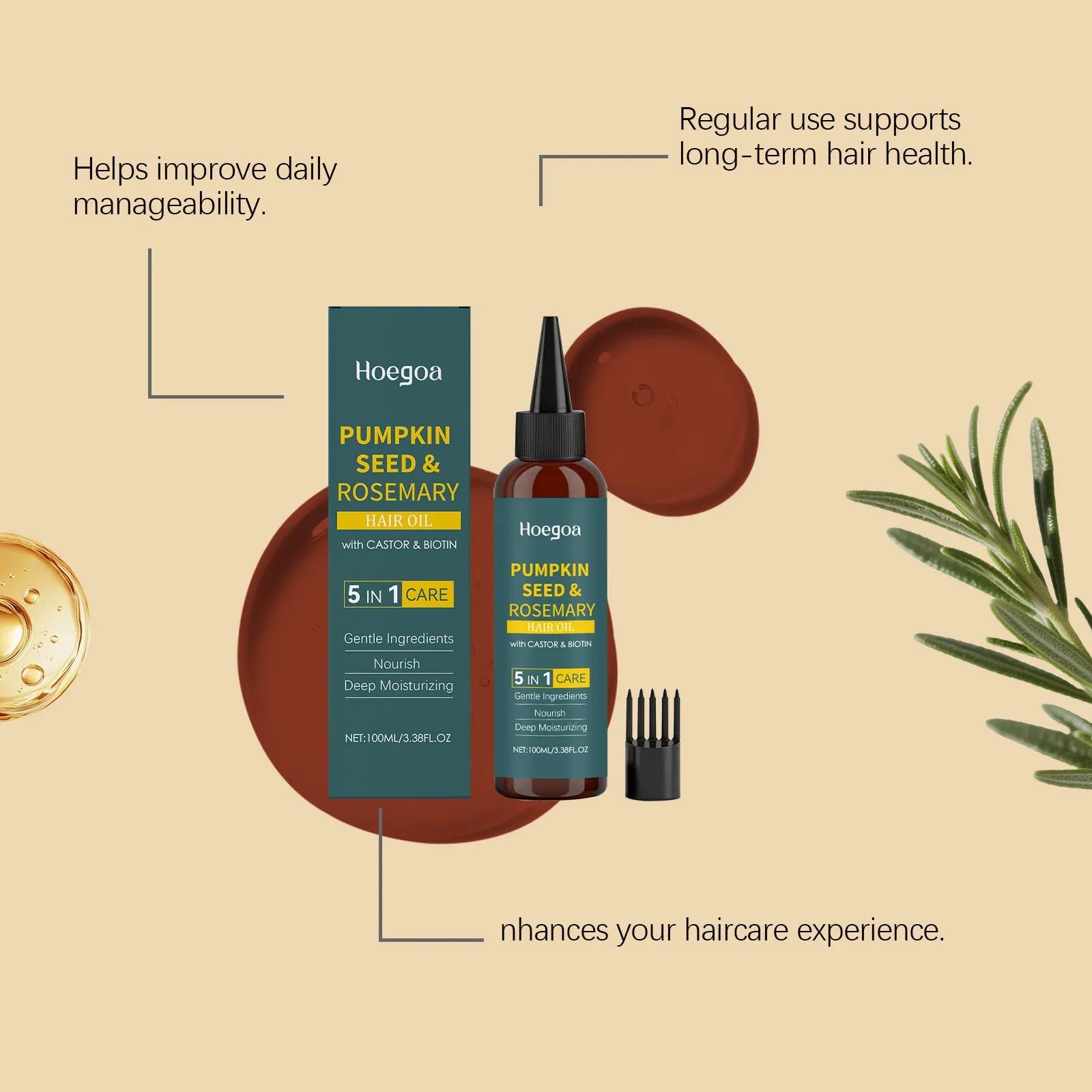 Rosemary essential oil hair care kit with 100ml bottle, pointed applicator, and hair comb