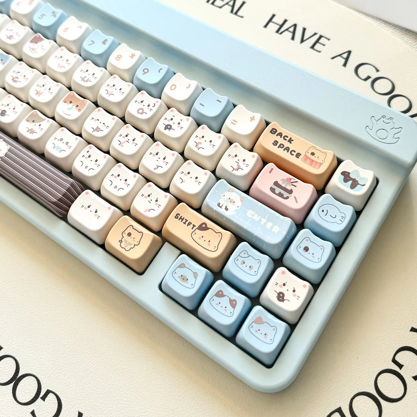Sea salt cat themed PBT keycap set for mechanical keyboards with spacebar and supplement caps