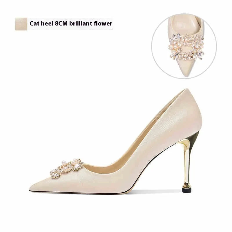 Women's crystal rhinestone pointed toe bridal heels in stiletto and cat heel styles