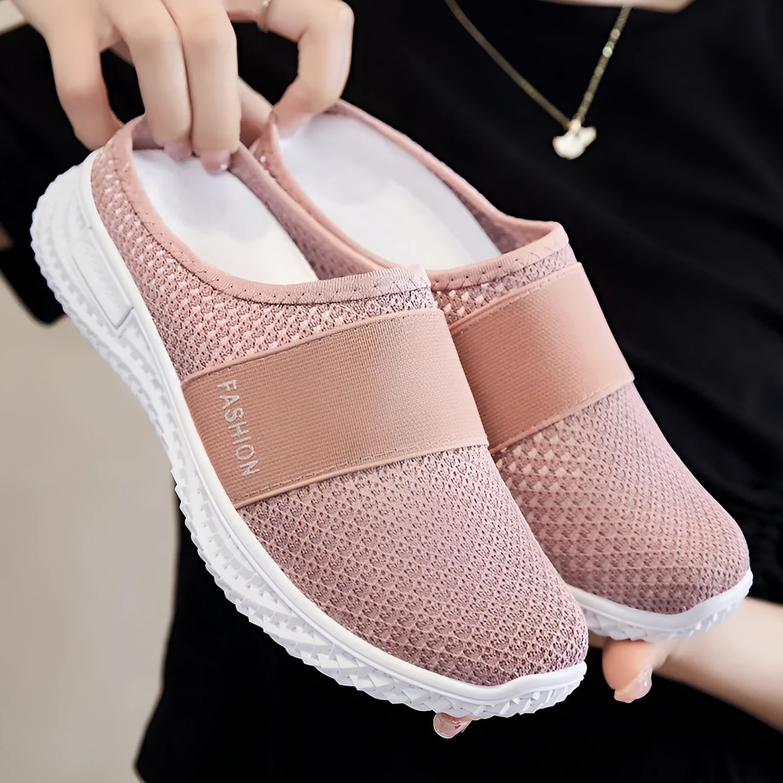 Women's flat-heel casual shoes in mesh with a hollow out design, shown in multiple colours.
