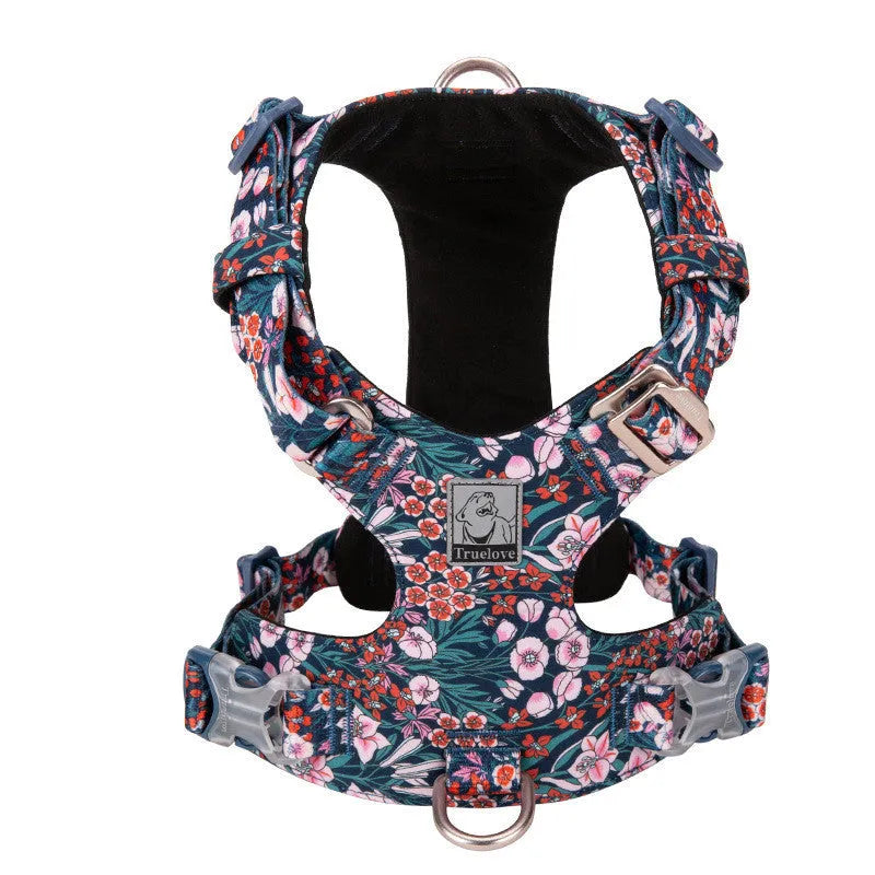 Pure cotton pet chest strap with floral pattern in red, green, or blue for dogs