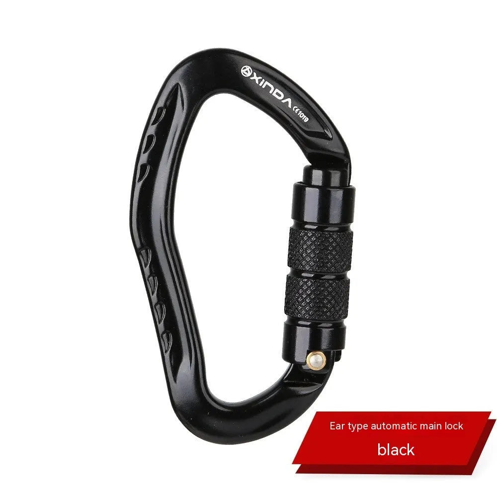 Automatic master lock climbing carabiner in black, blue, orange, red, and silver colours.