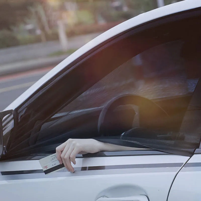 Non-woven fabric mesh car side window sun shade with elastic edge for front and rear windows.