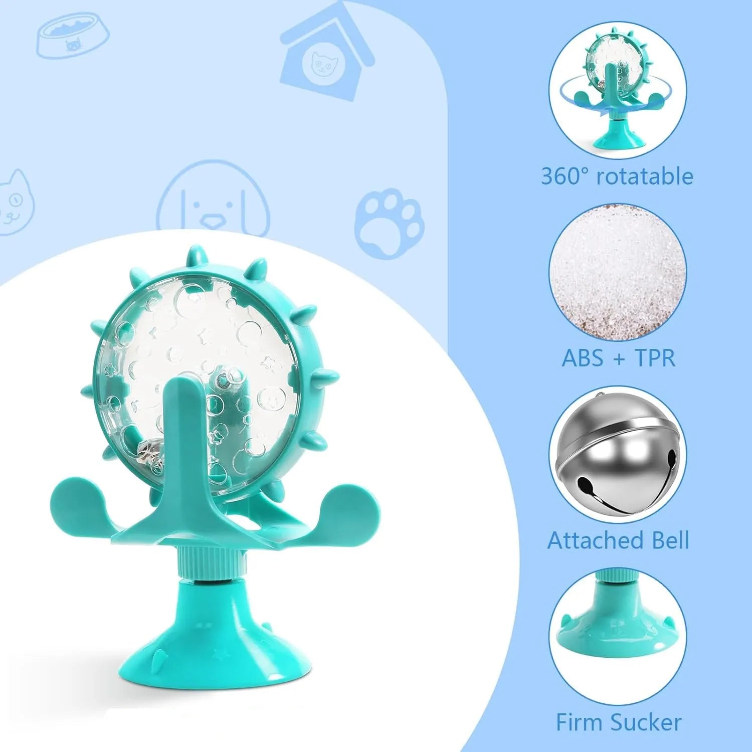 Interactive pet puzzle toy with spinner treat dispenser and suction cup base in multiple colours