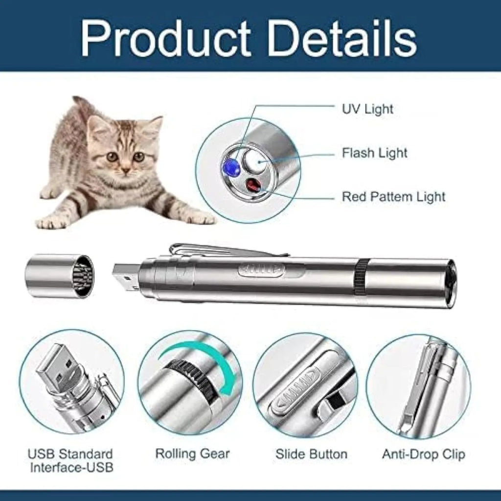 Silver aluminium cat laser pointer with USB charging port and adjustable light modes