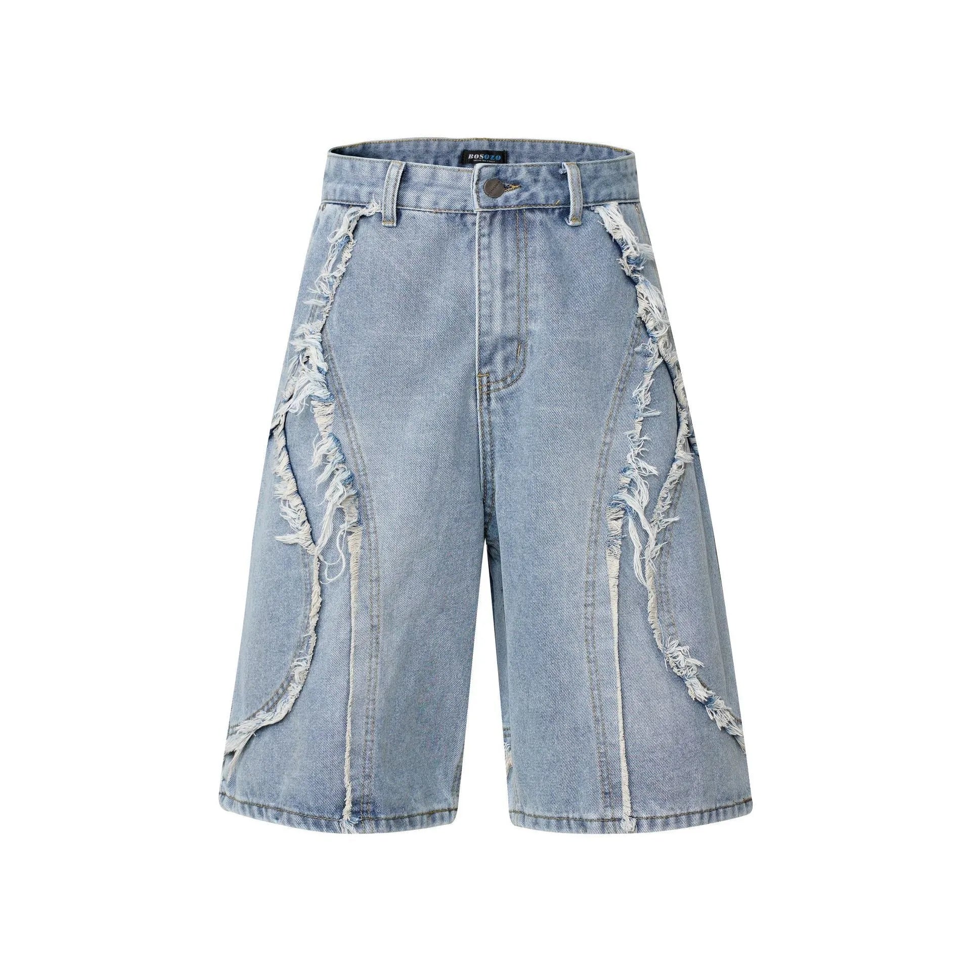 Distressed raw edge denim shorts in a straight leg cropped cut, shown in light blue colour.