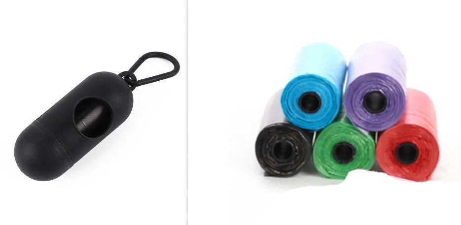 Set of five coloured dog waste poop bags showing black, blue, red, green, pink, and purple options.