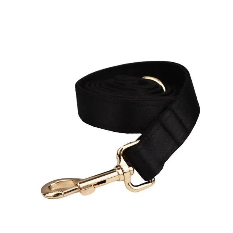 Dog wearing cloth collar, leash, chest harness, decorative bow, and matching vest accessory set