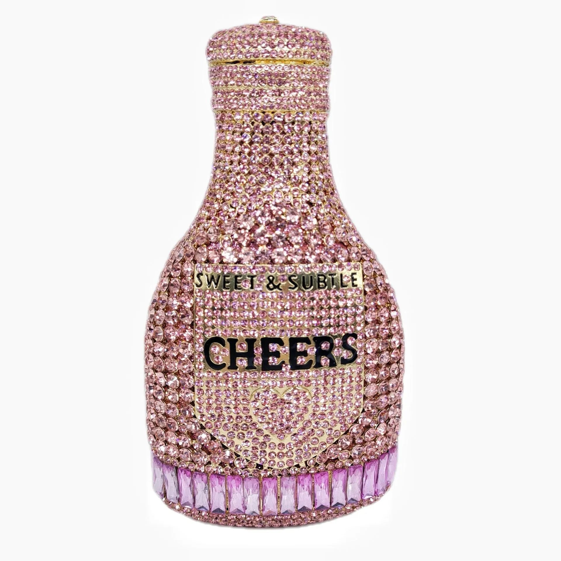 Gold rhinestone evening clutch bag shaped like a champagne bottle with a hard frame.
