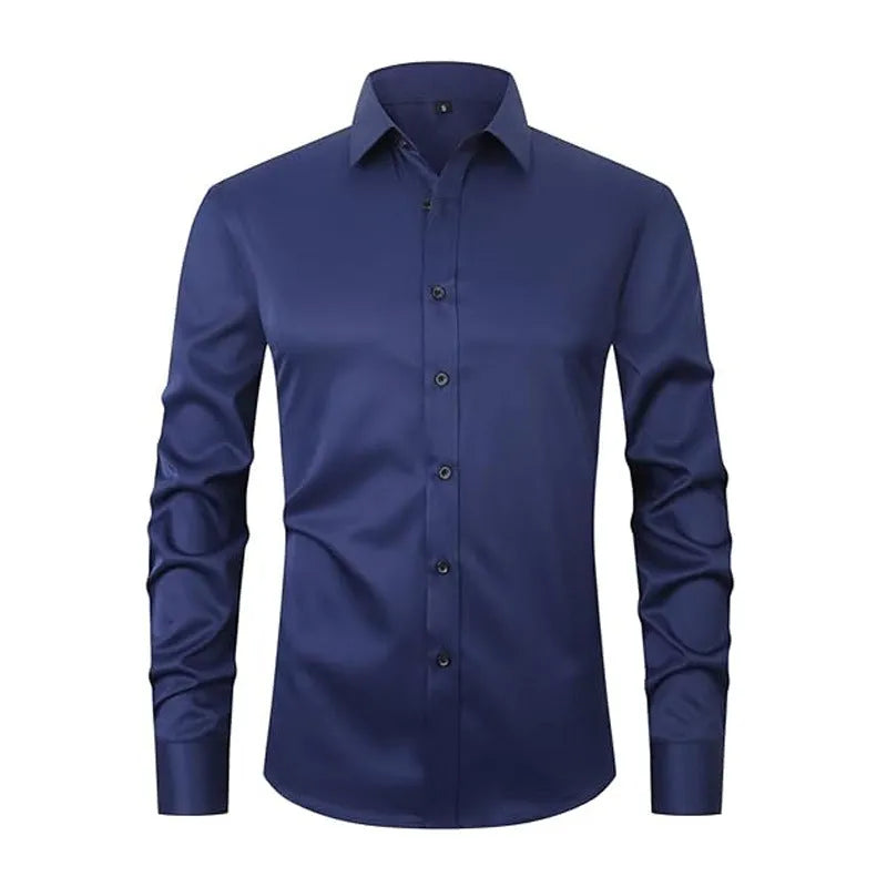 Men's stretch long sleeve work shirt in polyester fabric showing front view with size options