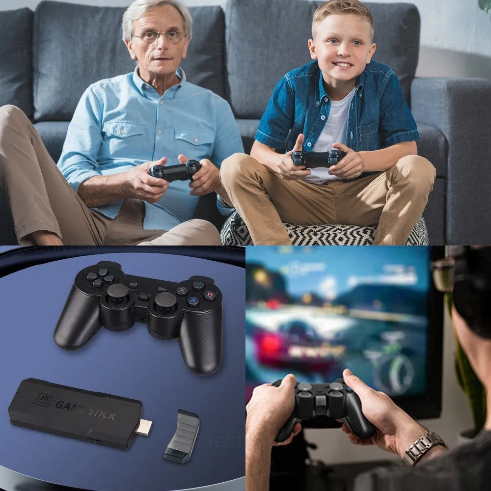 Wireless open source game console with handle on a table next to an HD television.