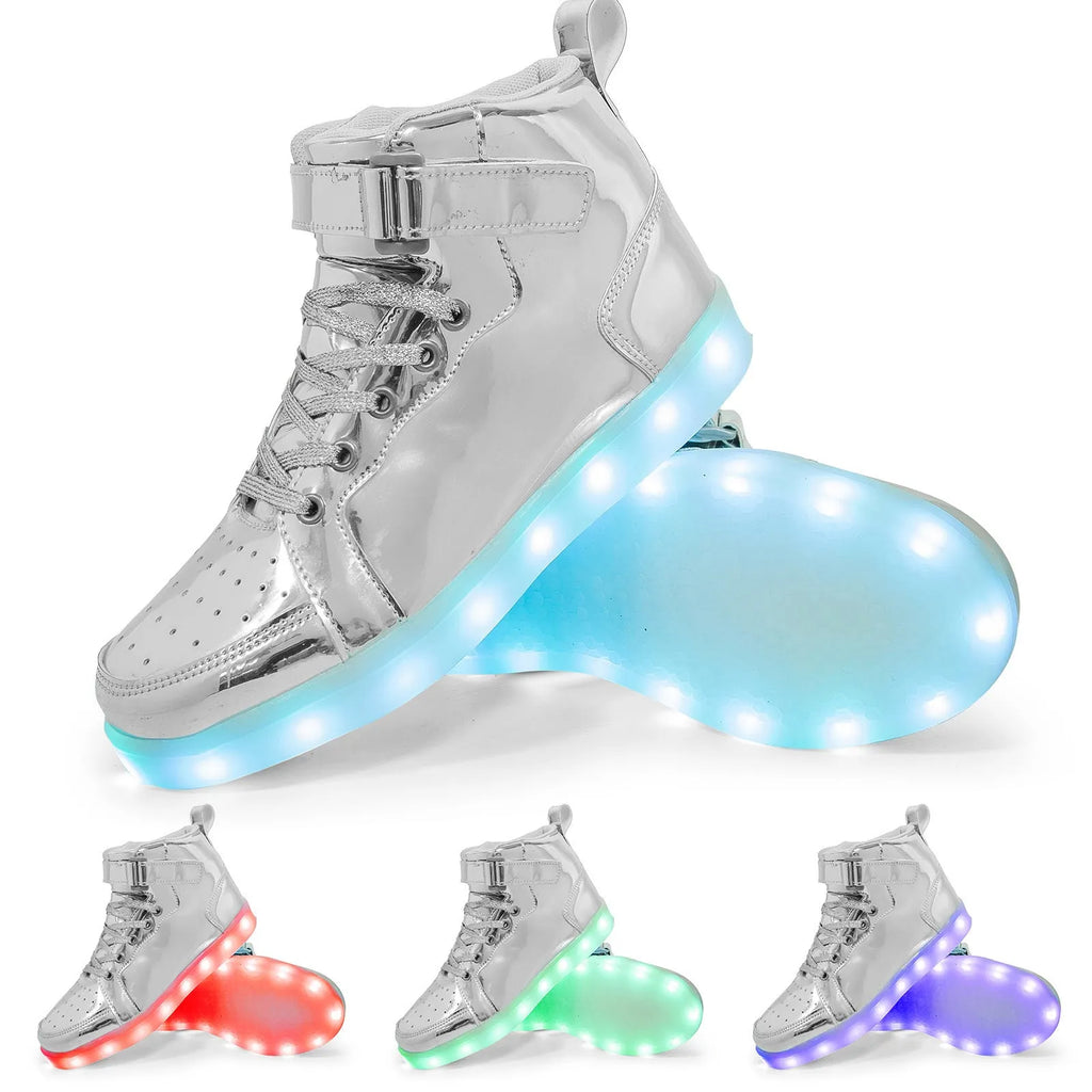 High-top LED light shoes with Velcro strap and rechargeable lights in multiple colours.
