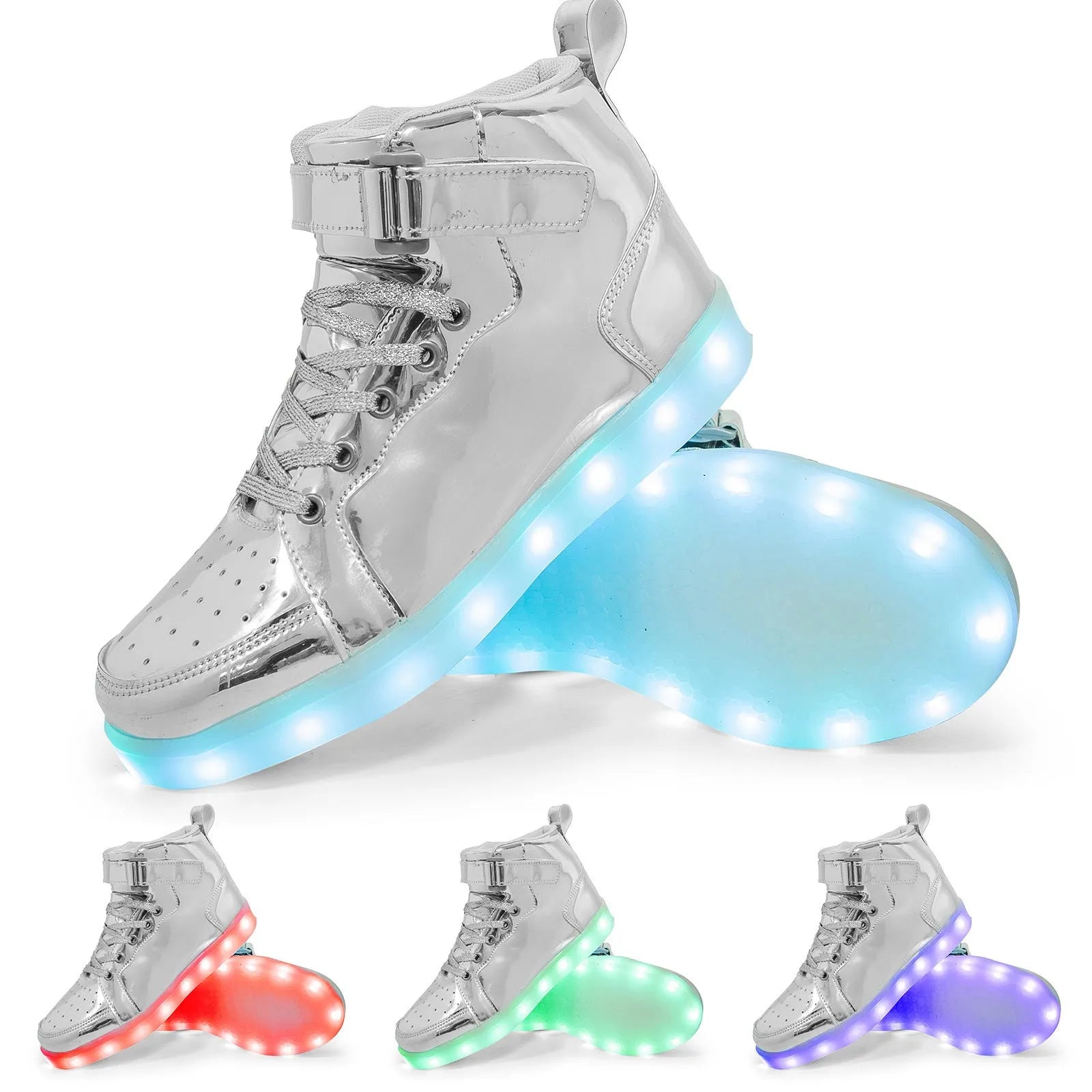 High-top LED light shoes with Velcro strap and rechargeable lights in multiple colours.