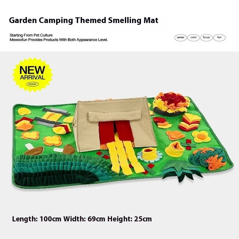 Themed fabric dog sniffing mat for interactive enrichment and food hiding
