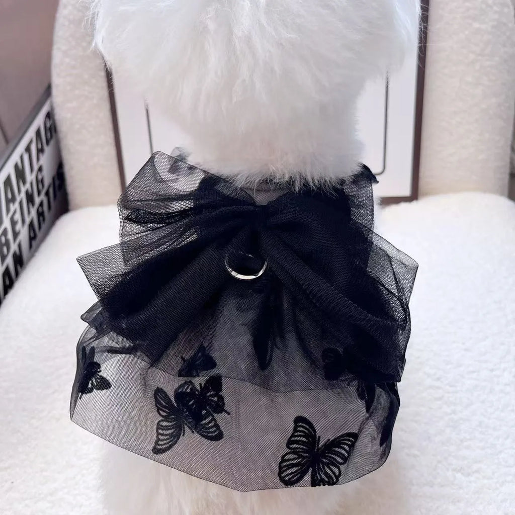 Black gauze princess tulle skirt for a small dog, showing the fitted bodice and full skirt.