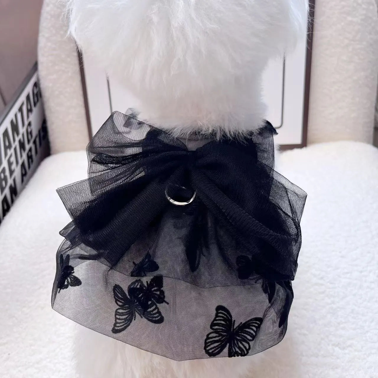 Black gauze princess tulle skirt for a small dog, showing the fitted bodice and full skirt.