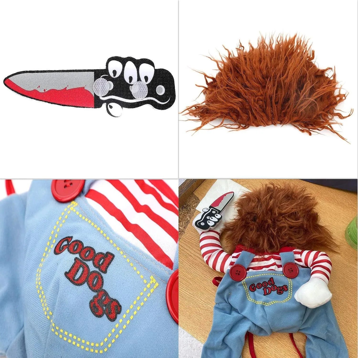 Striped Halloween costume set for a dog, showing harness with prop knife and matching pants on a sizing chart.