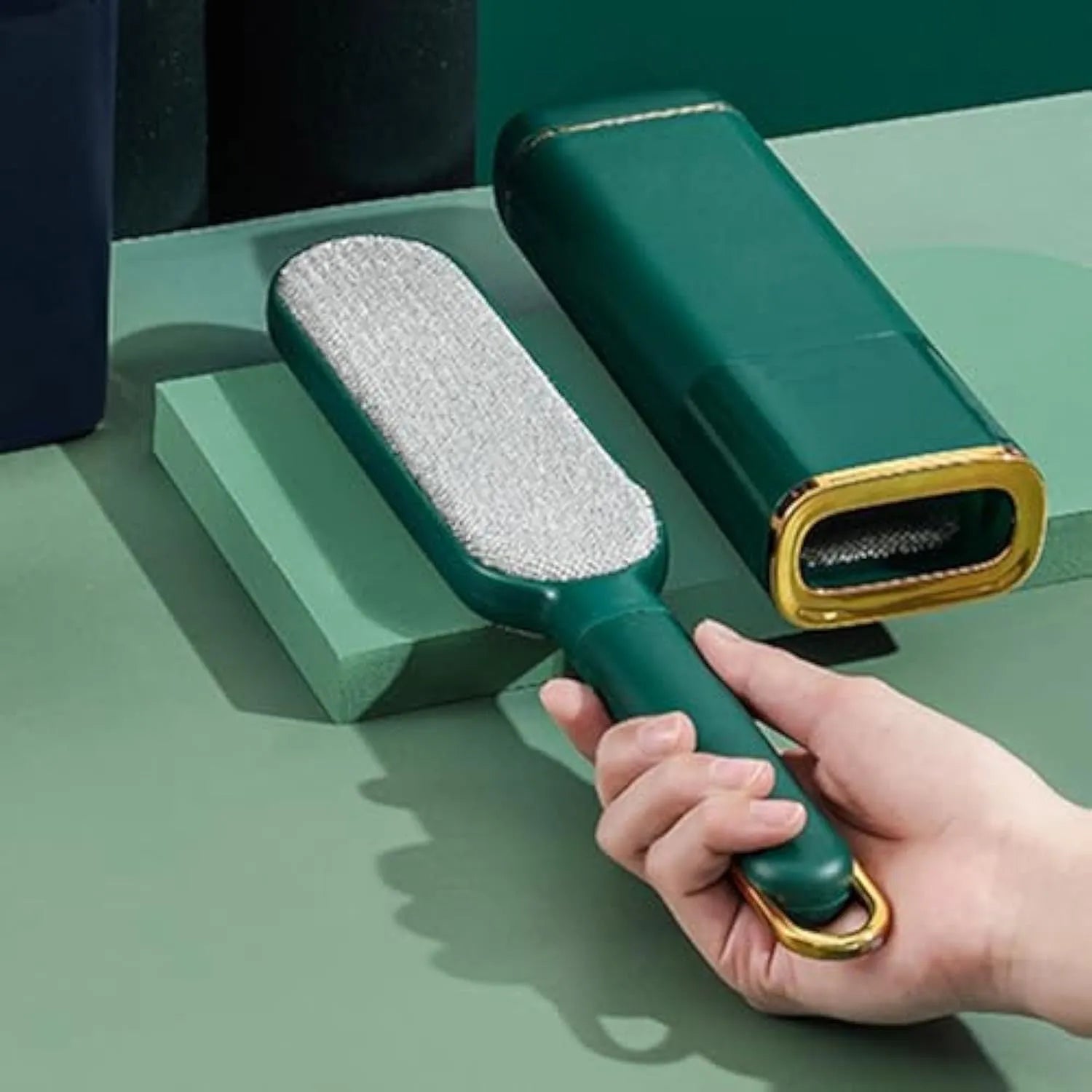 Pet hair removal brush with double-sided plush design and storage box base for cleaning clothes and furniture